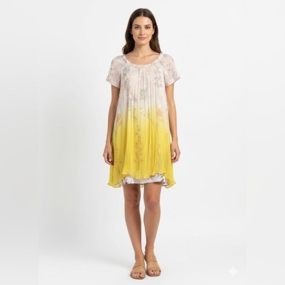 HD in Paris Anthropologie Floral Ombre Pleated Shift Dress Yellow Pink Size 2